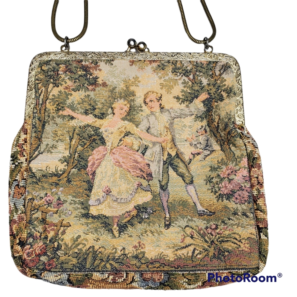 VTG Petite Point‎ Tapestry Bag Victorian Romance Garden Scene Couple Whimsical